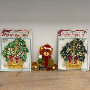NEW 3 Vintage Christmas Crystalline Window Decorations Stained Glass Look Santa